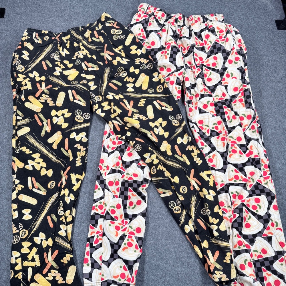 UA Chef Mens Medium Pasta and Pizza Print Cotton Kitchen Pants Bundle 2 Pair
